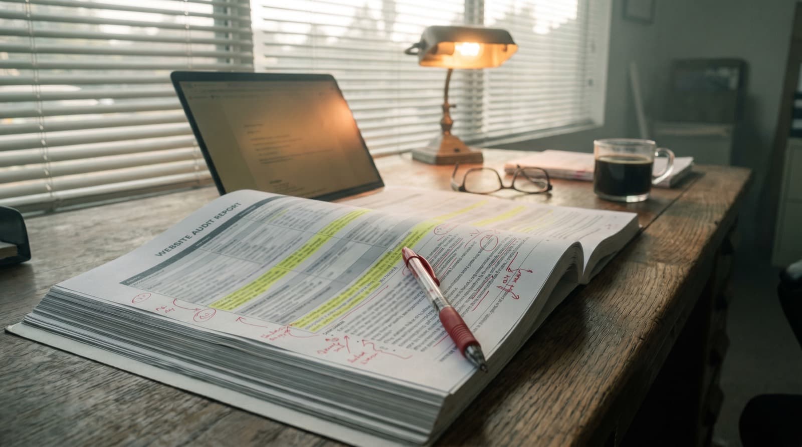 A printed website audit report with highlighted rows and red margin marks on a contractor's desk