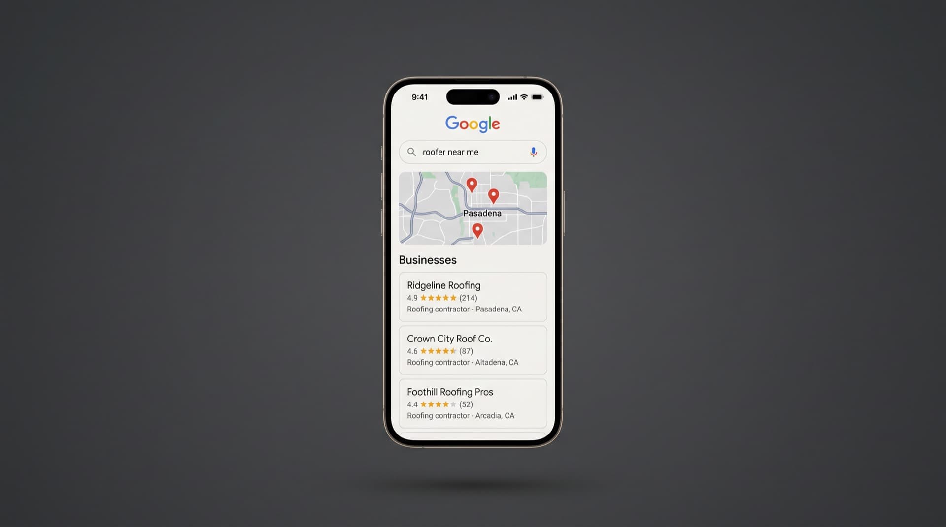 Phone showing a Google map pack for roofer near me in Pasadena with a fictional contractor ranked first