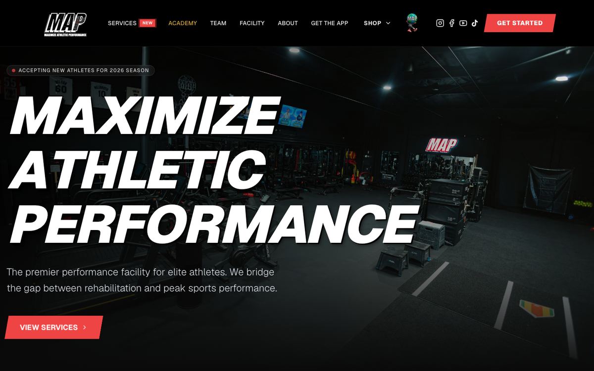 The Maximize Athletic Performance home page: the gym's name over a photograph of the training floor