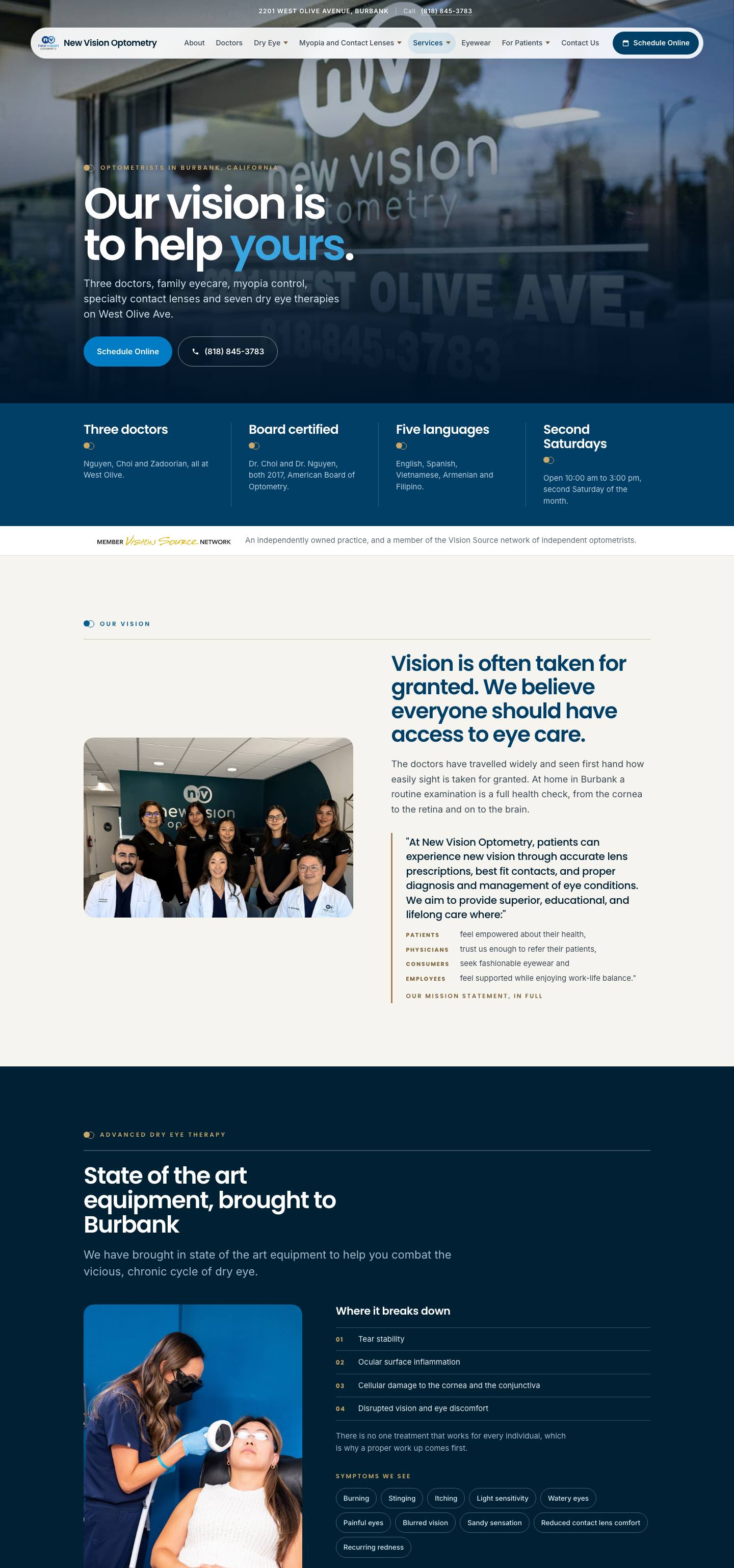 The New Vision Optometry home page on a desktop screen: the hero, the dry eye program, myopia control, services and the doctors