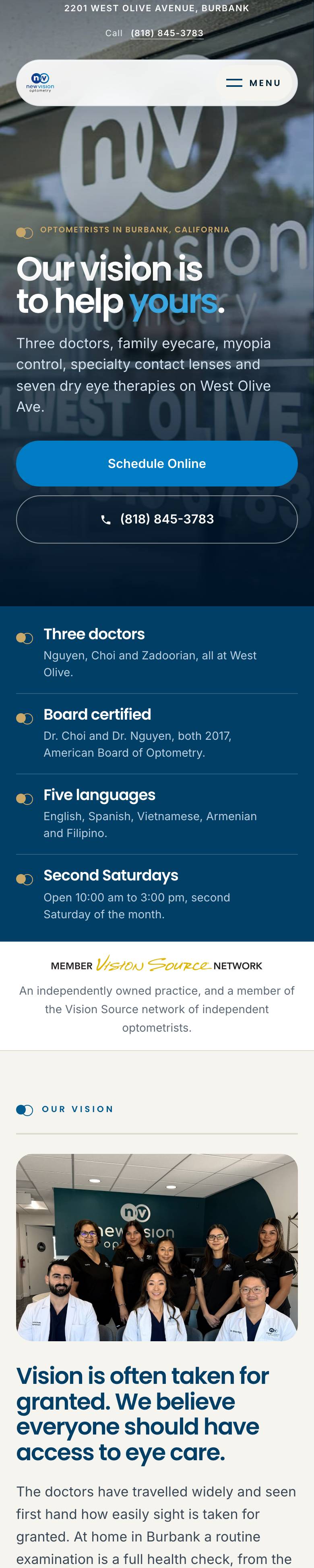 The New Vision Optometry home page on a phone at real size