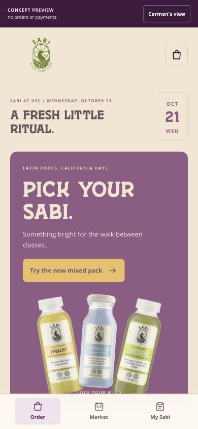 The Sabi ordering concept on a phone: Pick your Sabi, with three bottles