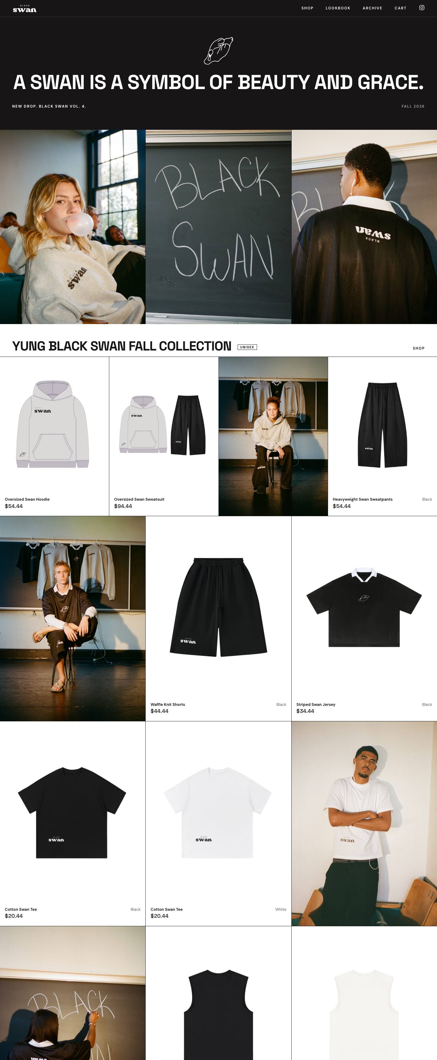 The Yung Black Swan home page on a desktop screen: the shoot, the fall collection with prices, the archive