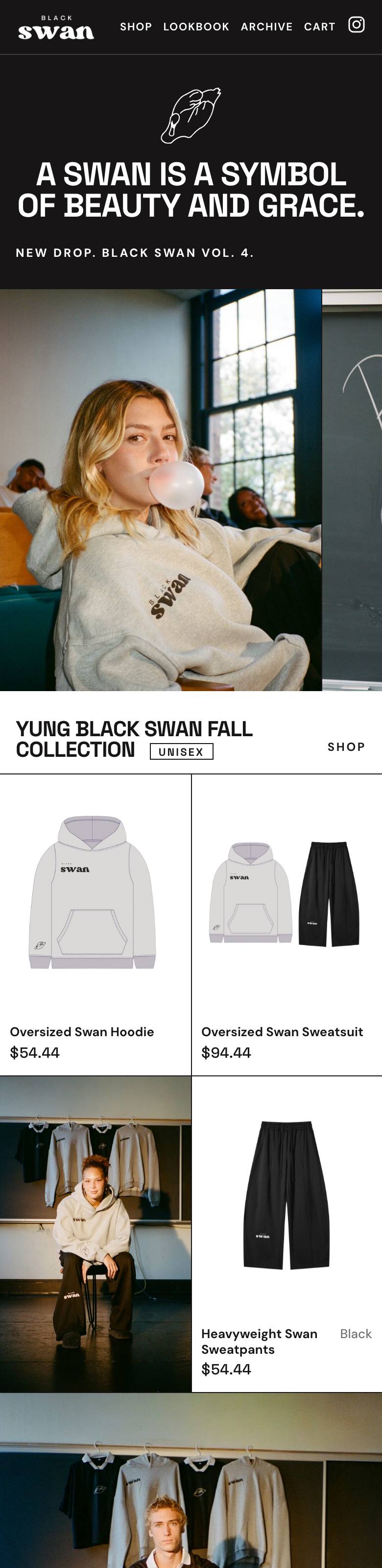 The Yung Black Swan home page on a phone at real size
